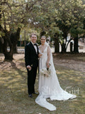 Deep V Neckline A Line Pleated Ball Gown with High Slit Satin Wedding Dress AWD1761-SheerGirl