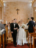 Deep V Neckline A Line Pleated Ball Gown with High Slit Satin Wedding Dress AWD1761-SheerGirl