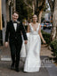 Deep V Neckline A Line Pleated Ball Gown with High Slit Satin Wedding Dress AWD1761