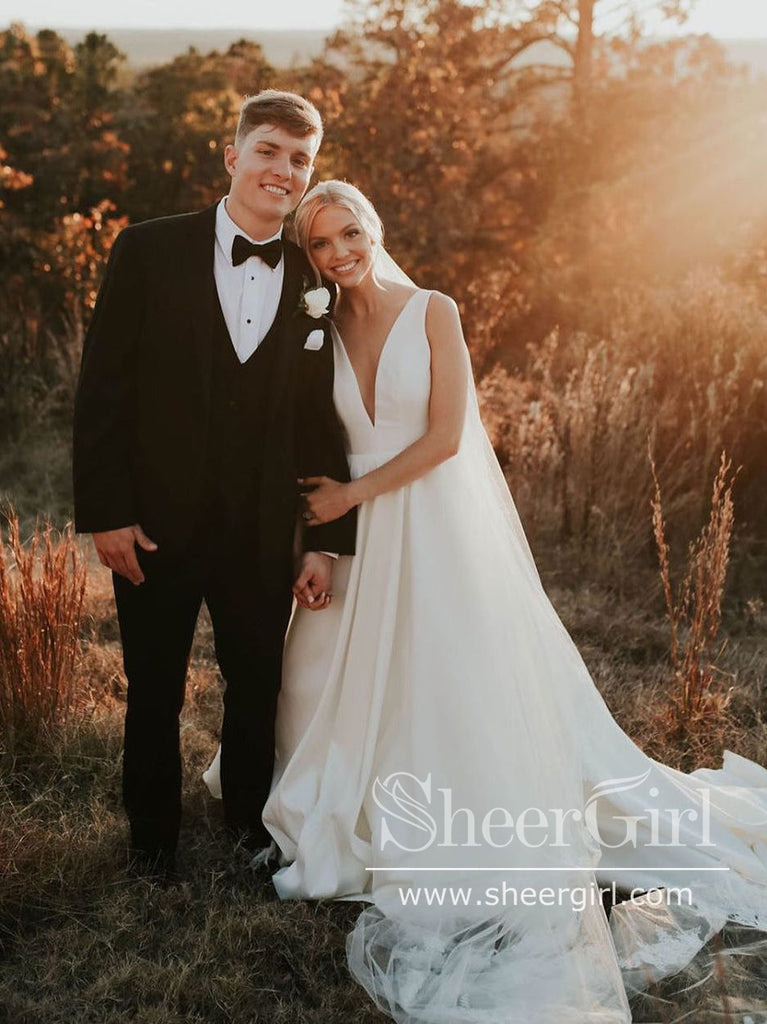 Deep V Neckline A Line Sweep Train Simple Satin Wedding Dress AWD1742 Deep V Neckline A Line Sweep Train Simple Satin Wedding Dress AWD1742