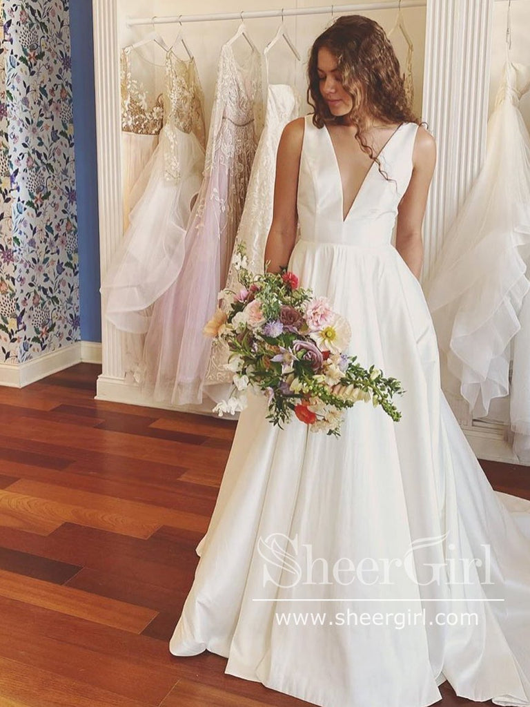 Deep V Neckline A Line Sweep Train Simple Satin Wedding Dress AWD1742 Deep V Neckline A Line Sweep Train Simple Satin Wedding Dress AWD1742