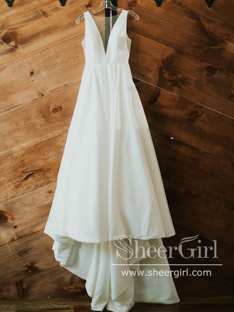 Deep V Neckline A Line Sweep Train Simple Satin Wedding Dress AWD1742 Deep V Neckline A Line Sweep Train Simple Satin Wedding Dress AWD1742
