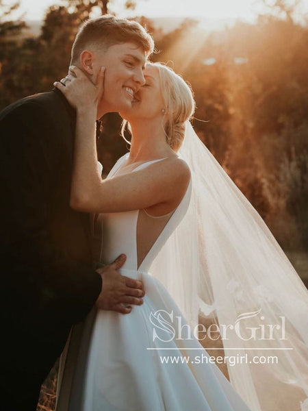 Deep V Neckline A Line Sweep Train Simple Satin Wedding Dress AWD1742 Deep V Neckline A Line Sweep Train Simple Satin Wedding Dress AWD1742