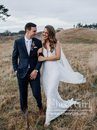 Deep V Neckline Geometrical Pattern Sequins Mermaid Wedding Dress with Detachable Tulle Train AWD1750-SheerGirl