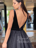 Deep V Neckline Velvet Bodice Homecoming Dresses Backless Sparkly Graduation Dress ARD2626-SheerGirl