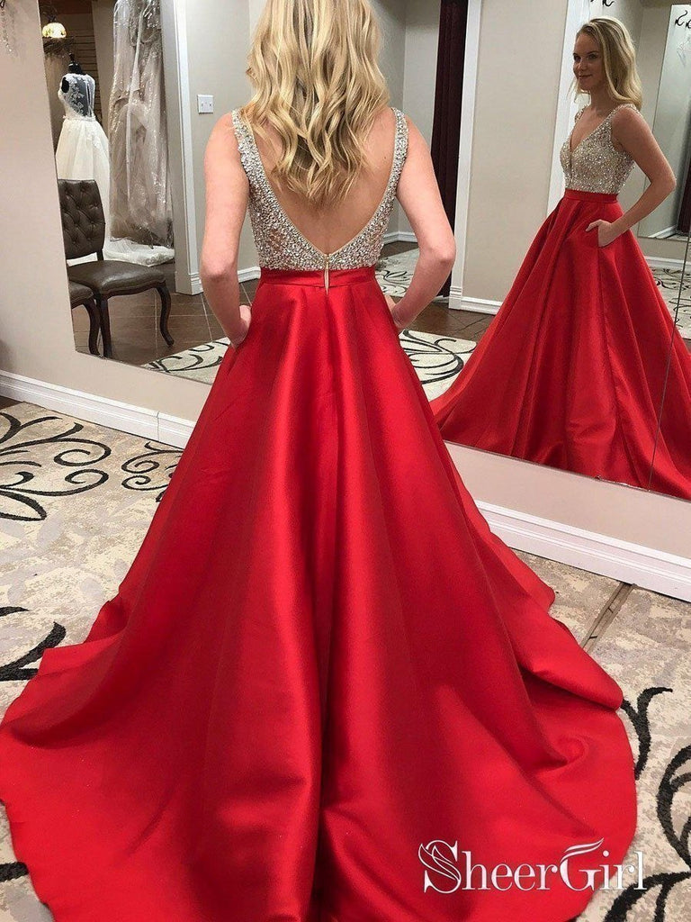 Deep V-neck Beaded Red Satin Prom Dresses with Pocket,Long Formal