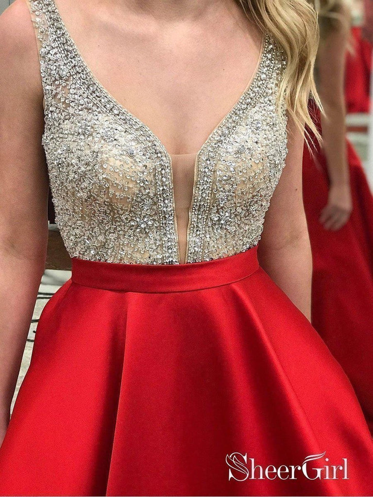 Deep V-neck Beaded Red Satin Prom Dresses with Pocket,Long Formal Pageant Dresses APD3184-SheerGirl