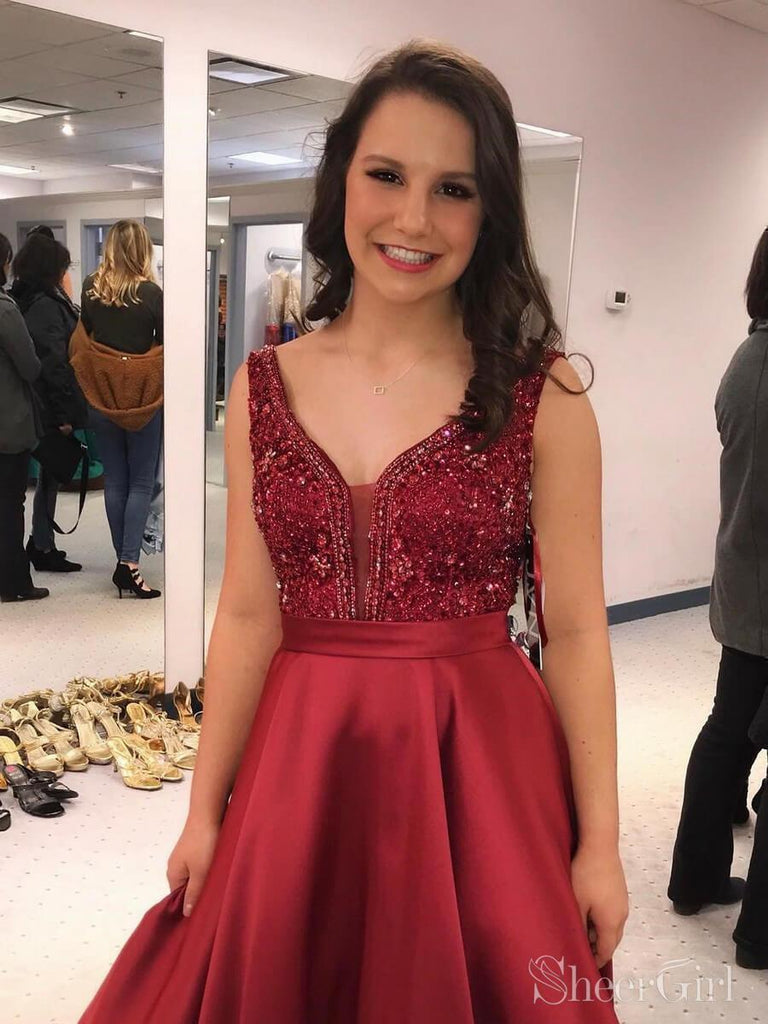 Deep V-neck Beaded Red Satin Prom Dresses with Pocket,Long Formal Page SheerGirl Deep V-neck Beaded Red Satin Prom Dresses with Pocket,Long Formal Page SheerGirl