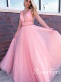 Deep V-neck Pearl Tulle Long Prom Dresses PD8120-SheerGirl