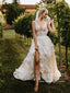 Delicate Lace V Neck A Line Wedding Dress Tulle Wedding Gown with Sweep Train AWD1916