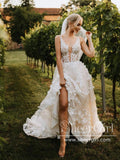 Delicate Lace V Neck A Line Wedding Dress Tulle Wedding Gown with Sweep Train AWD1916-SheerGirl