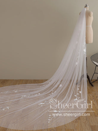 Ombre Champagne Floral Lace Ivory Cathedral Veil with Blusher Bridal V –  SheerGirl