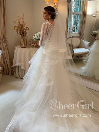 Delicated Lace V Neck Ball Gown Wedding Dresses Layered Tulle Wedding Dress AWD1935-SheerGirl