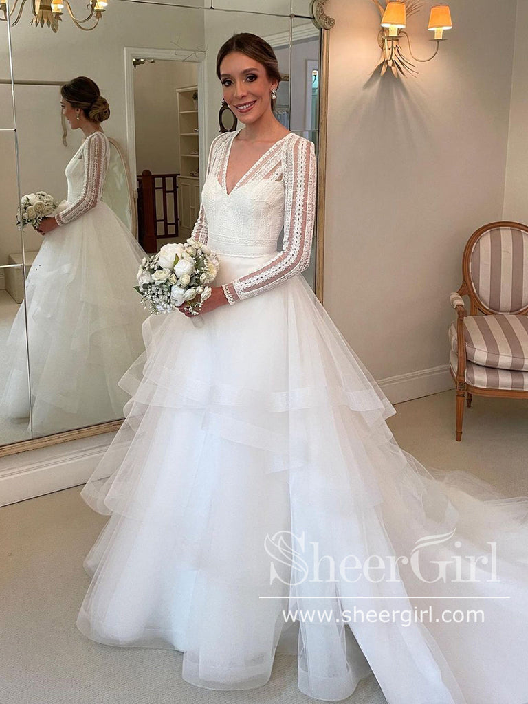 Delicated Lace V Neck Ball Gown Wedding Dresses Layered Tulle Wedding Dress AWD1935-SheerGirl
