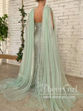 Detachable Cape Sleeves Sequins Mermaid Prom Gown with V Neck ARD2698-SheerGirl