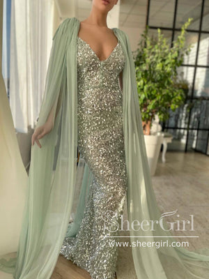 Detachable Cape Sleeves Sequins Mermaid Prom Gown with V Neck ARD2698-SheerGirl