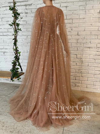Detachable Cape Sparkly Prom Gown with V Neck Long Prom Dress ARD2692-SheerGirl