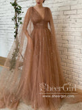 Detachable Cape Sparkly Prom Gown with V Neck Long Prom Dress ARD2692-SheerGirl