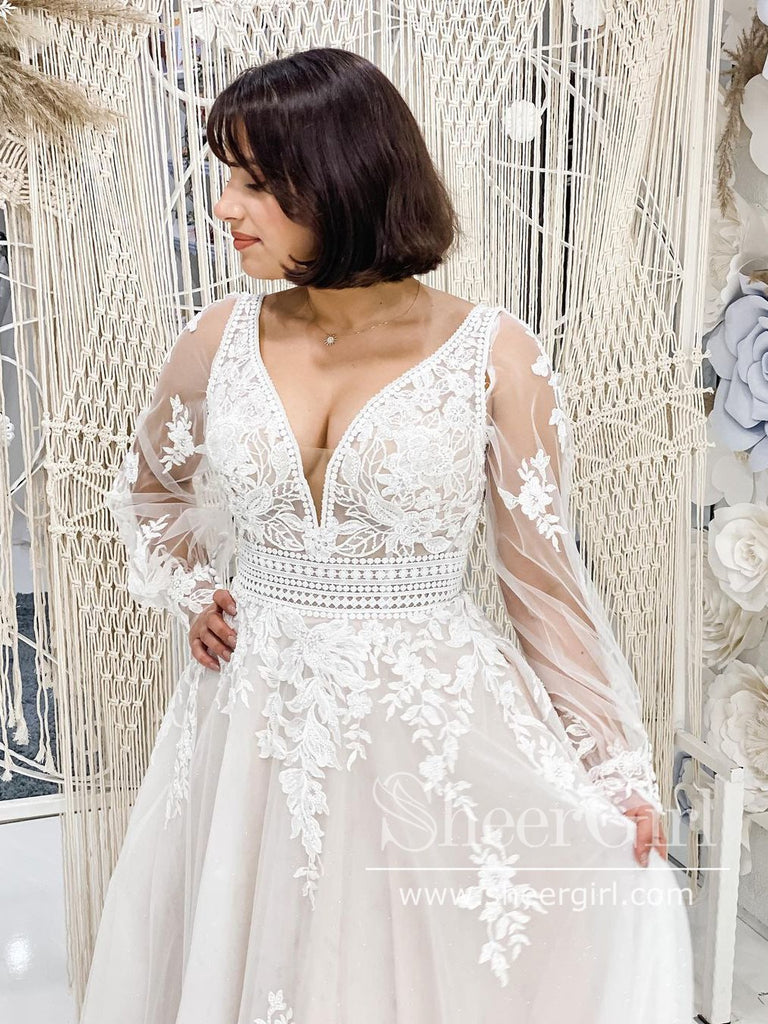 Detachable Puff Sleeves Deep V Neck A Line Lace Wedding Dress