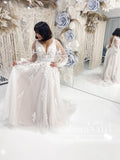 Detachable Puff Sleeves Deep V Neck A Line Lace Wedding Dress AWD1792-SheerGirl
