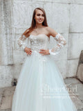 Detachable Sleeves Sweetheart Neck A Line Lace Tulle Wedding Dress AWD1826-SheerGirl