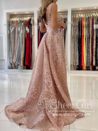 Detachable Train Mermaid Prom Dress Lace V Neck Party Dress with Crystals Sash ARD2859-SheerGirl