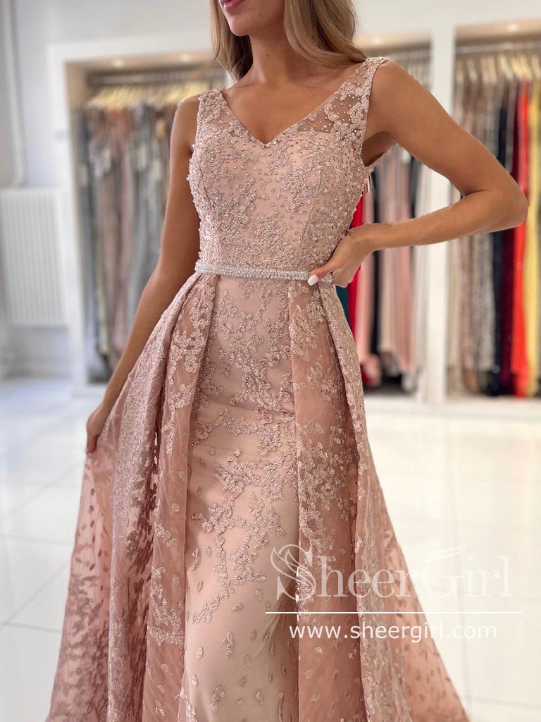 Detachable Train Mermaid Prom Dress Lace V Neck Party Dress with Crystals Sash ARD2859-SheerGirl