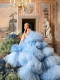 Drama Ball Gown Wedding Dress Dusty Blue Tiered Tulle Wedding Dress AWD1921-SheerGirl