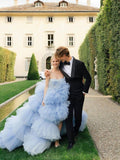 Drama Ball Gown Wedding Dress Dusty Blue Tiered Tulle Wedding Dress AWD1921-SheerGirl