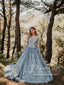 Dusty Blue Delicated Flower Lace Ball Gown Sweetheart Neck Tulle Prom Dress ARD2907