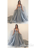 Dusty Blue Sexy Prom Dresses Deep V Neck Beaded Sequin Plus Size Prom Dresses AWD1052-SheerGirl