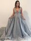 Dusty Blue Sexy Prom Dresses Deep V Neck Beaded Sequin Plus Size Prom Dresses AWD1052