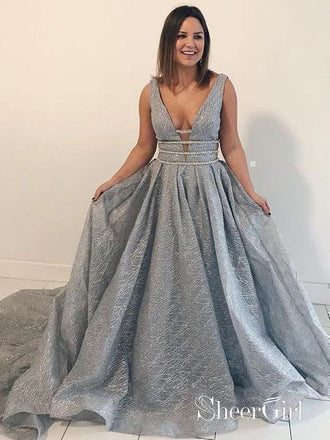 Dusty Blue Sexy Prom Dresses Deep V Neck Beaded Sequin Plus Size Prom Dresses AWD1052-SheerGirl