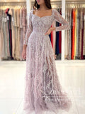 Dusty Rose 2 in 1 Square Neck A Line Prom Gown Sequins Prom Dress with Long Sleeves ARD2864-SheerGirl