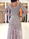 Dusty Rose 2 in 1 Square Neck A Line Prom Gown Sequins Prom Dress with Long Sleeves ARD2864-SheerGirl