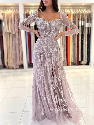 Dusty Rose 2 in 1 Square Neck A Line Prom Gown Sequins Prom Dress with Long Sleeves ARD2864-SheerGirl