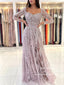 Dusty Rose 2 in 1 Square Neck A Line Prom Gown Sequins Prom Dress with Long Sleeves ARD2864