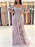 Dusty Rose 2 in 1 Square Neck A Line Prom Gown Sequins Prom Dress with Long Sleeves ARD2864-SheerGirl