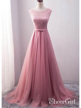 Dusty Rose Beaded Prom Dresses Long Tulle Lace Up Princess Quinceanera Dress ARD1049-SheerGirl