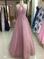 Dusty Rose Halter Lace Applique Tulle Prom Dresses Backless Long Prom Dress ARD1428