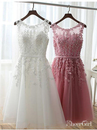 Dusty Rose Homecoming Dresses Lace Applique Beaded White Homecoming Dresses ARD1206-SheerGirl