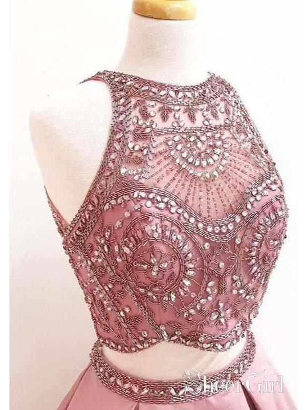 Dusty Rose Satin High Neck Beaded Top Two Piece Long Prom Dresses APD3348 Dusty Rose Satin High Neck Beaded Top Two Piece Long Prom Dresses APD3348