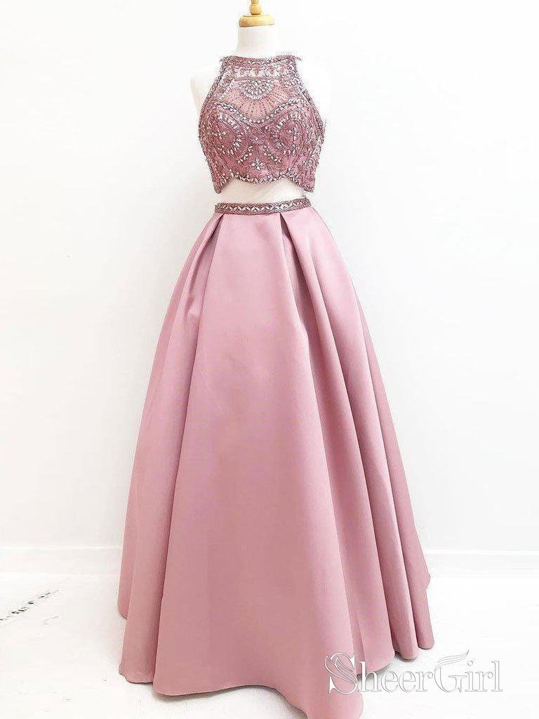 Dusty Rose Satin High Neck Beaded Top Two Piece Long Prom Dresses APD3348-SheerGirl