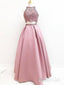 Dusty Rose Satin High Neck Beaded Top Two Piece Long Prom Dresses APD3348