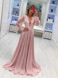 Dusty Rose V-neck Lace Prom Dresses Long Sleeve Prom Dresses ARD2317-SheerGirl