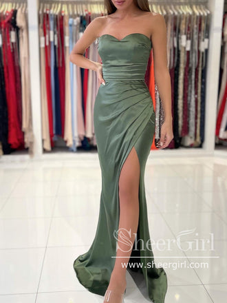 Dusty Sage Strapless Trumpet Prom Dress Thigh Slit Mermaid Prom Gown ARD2867-SheerGirl