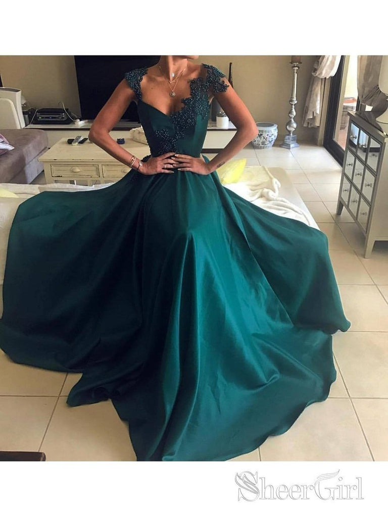 Elegant Beaded Peacock Green Evening Dress V Neck Long Satin Prom Dresses ARD1429 Elegant Beaded Peacock Green Evening Dress V Neck Long Satin Prom Dresses ARD1429