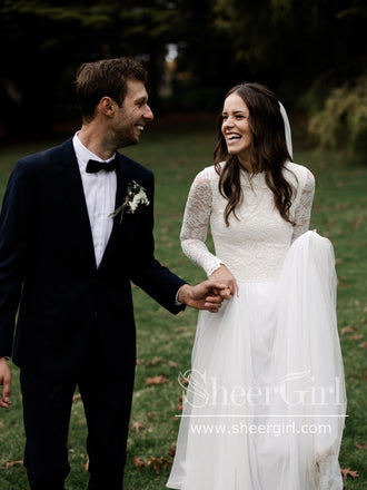 Elegant Lace Long Sleeve Flowy Tulle Beach Wedding Dresses Cheap AWD1874-SheerGirl