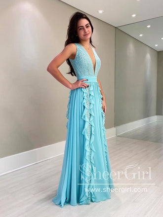 Elegant Lace Ruffled Chiffon Prom Dress Flowy Sky Blue Bridesmaid Dress ARD2728-SheerGirl