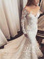 Elegantní průsvitné svatební šaty s dlouhým rukávem se srdíčkovým výstřihem Šaty mořské panny AWD1772 